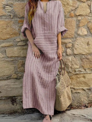 Robe trapèze boho en lin : coupe décontractée avec manches amples et col en V