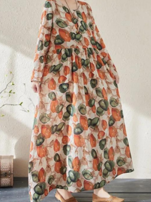 Robe trapèze coton imprimé fruits été femme avec manches longues aérées et coupe ample bohème