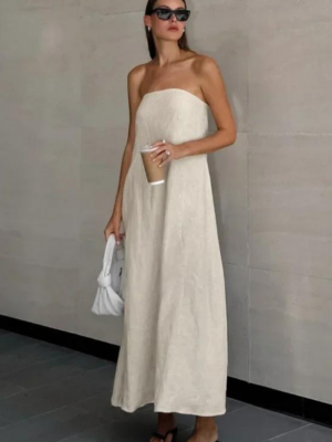 Robe trapèze dos nu en longueur maxi avec encolure bandeau et tissu fluide