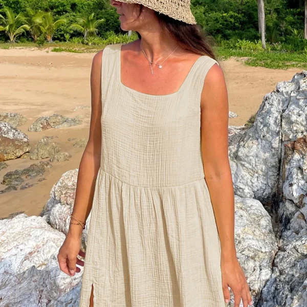Robe en gaz de coton sans manches fendue sur les côtés, élégante et confortable pour l'été – Image 11