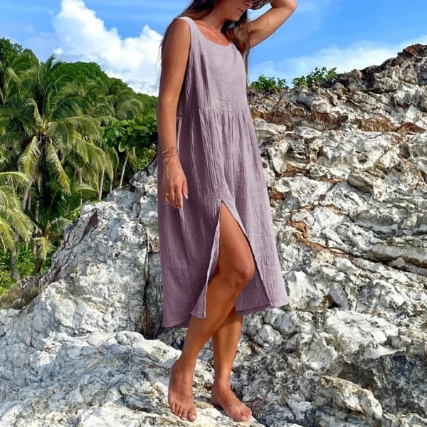 Robe en gaz de coton sans manches fendue sur les côtés, élégante et confortable pour l'été – Image 10