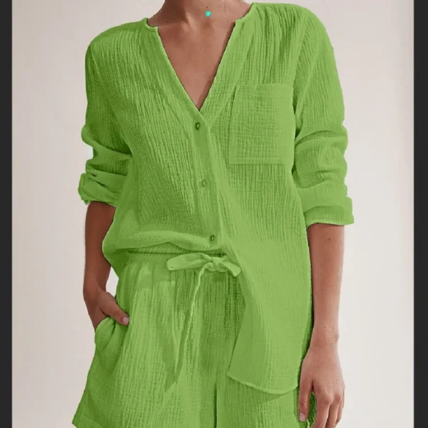 Ensemble 2 pièces en gaz de coton 100%, chemise à manches longues boutonnée + short confortable et élégant – Image 4