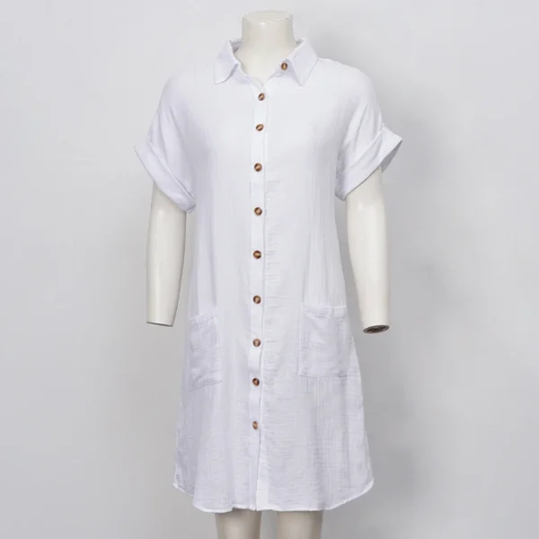 Robe chemise en gaz de coton manches courtes et col en V - polyvalente et confortable pour les femmes – Image 7