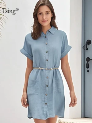 Robe chemise en gaz de coton manches courtes et col en V - polyvalente et confortable pour les femmes
