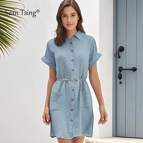 Robe chemise en gaz de coton manches courtes et col en V - polyvalente et confortable pour les femmes