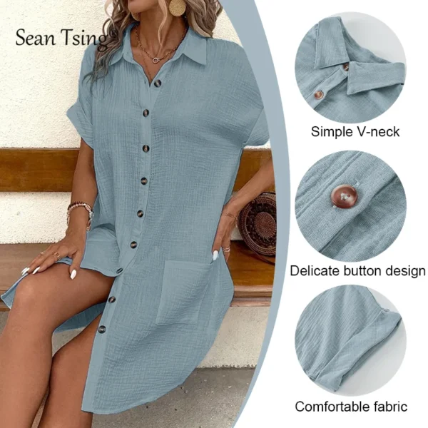 Robe chemise en gaz de coton manches courtes et col en V - polyvalente et confortable pour les femmes – Image 3