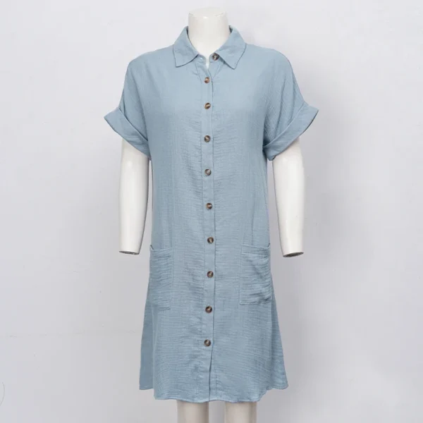Robe chemise en gaz de coton manches courtes et col en V - polyvalente et confortable pour les femmes – Image 8