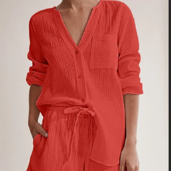 Ensemble 2 pièces en gaz de coton 100%, chemise à manches longues boutonnée + short confortable et élégant – Image 3
